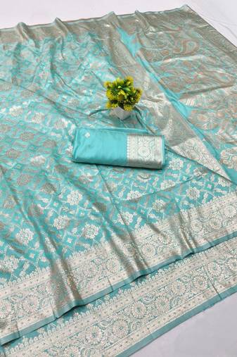 Blue zari woven banarasi silk blend traditional saree with blouse piece