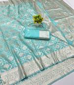 Blue zari woven banarasi silk blend traditional saree with blouse piece