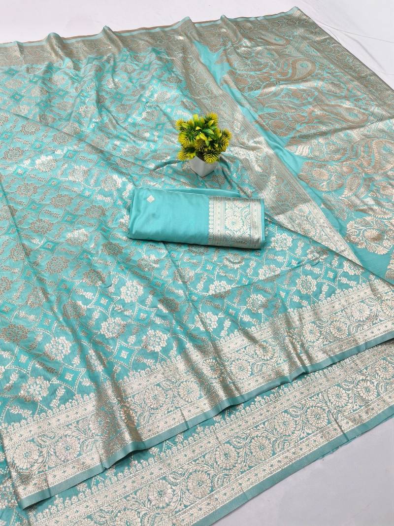 Blue zari woven banarasi silk blend traditional saree with blouse piece