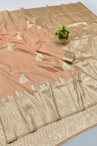 Light orange zari woven banarasi silk blend traditional saree with blouse piece
