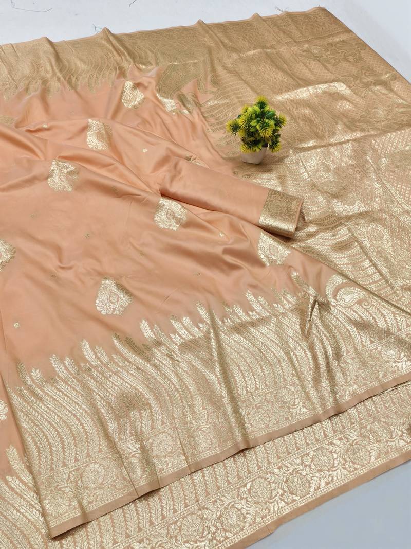 Light orange zari woven banarasi silk blend traditional saree with blouse piece