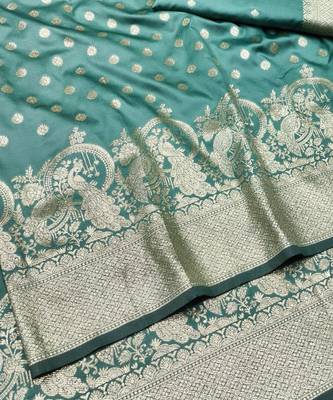 Green zari woven silk blend traditional saree with blouse piece 3