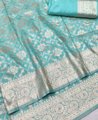 Blue zari woven silk blend traditional saree with blouse piece 3