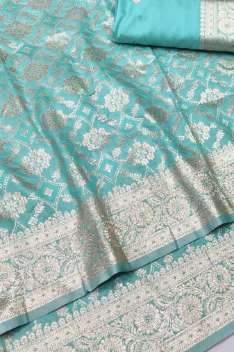 Blue zari woven silk blend traditional saree with blouse piece