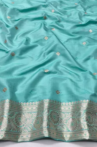 Blue zari woven silk blend traditional saree with blouse piece
