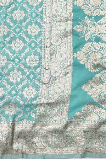 Blue zari woven silk blend traditional saree with blouse piece