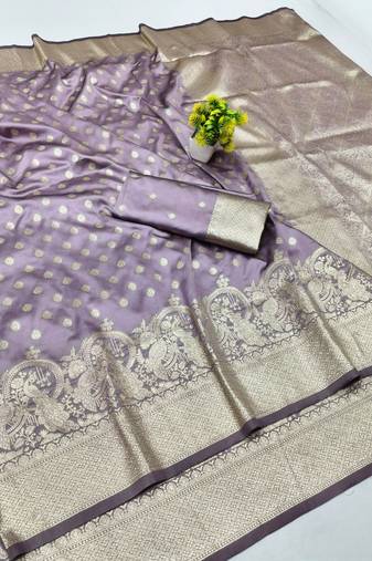 Purple zari woven silk blend traditional saree with blouse piece
