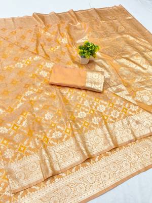 Mustard zari woven silk blend traditional saree with blouse piece 1