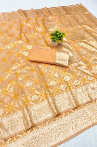 Mustard zari woven banarasi silk blend traditional saree with blouse piece