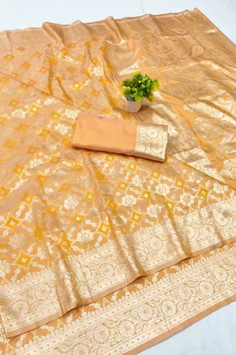 Mustard zari woven silk blend traditional saree with blouse piece