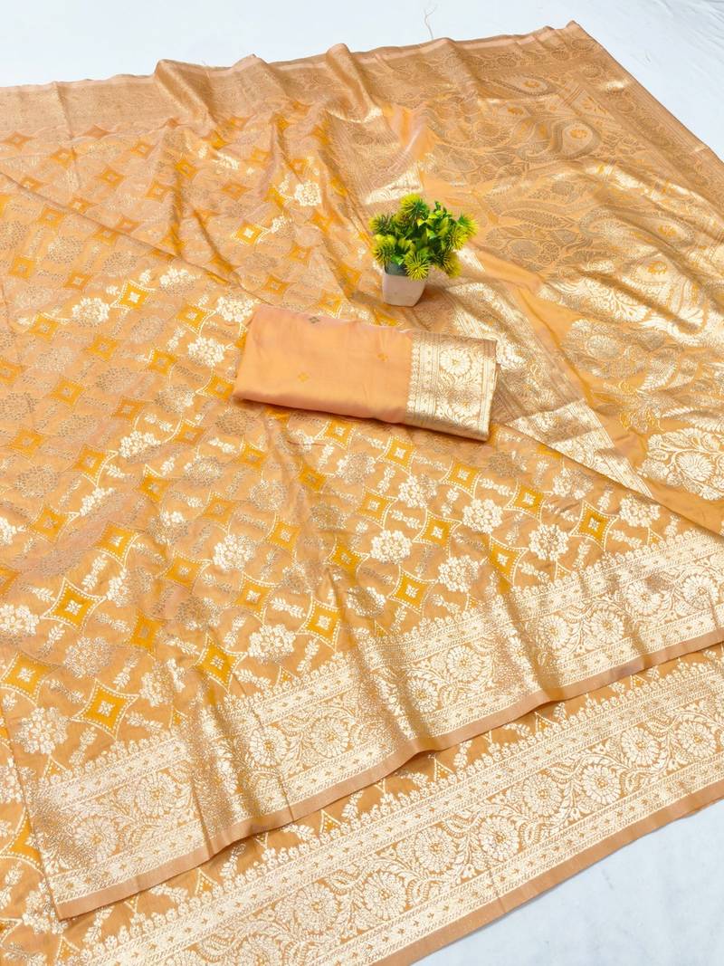 Mustard zari woven banarasi silk blend traditional saree with blouse piece