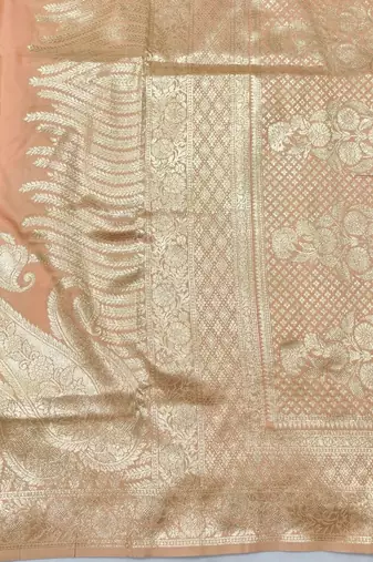 Light orange zari woven silk blend traditional saree with blouse piece
