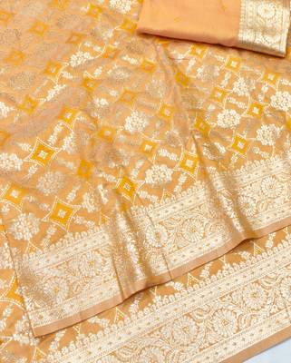 Mustard zari woven silk blend traditional saree with blouse piece 3