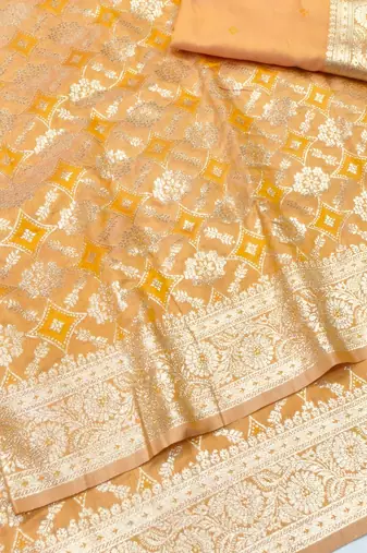 Mustard zari woven silk blend traditional saree with blouse piece