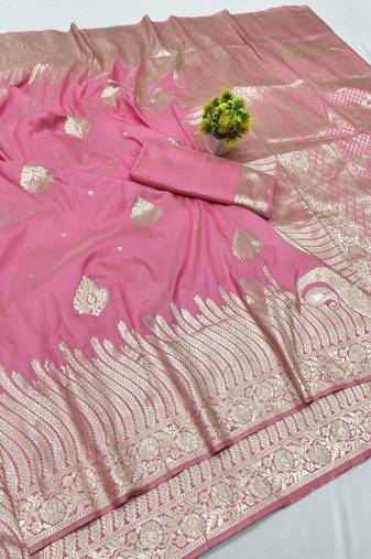 Pink zari woven banarasi silk blend traditional saree with blouse piece