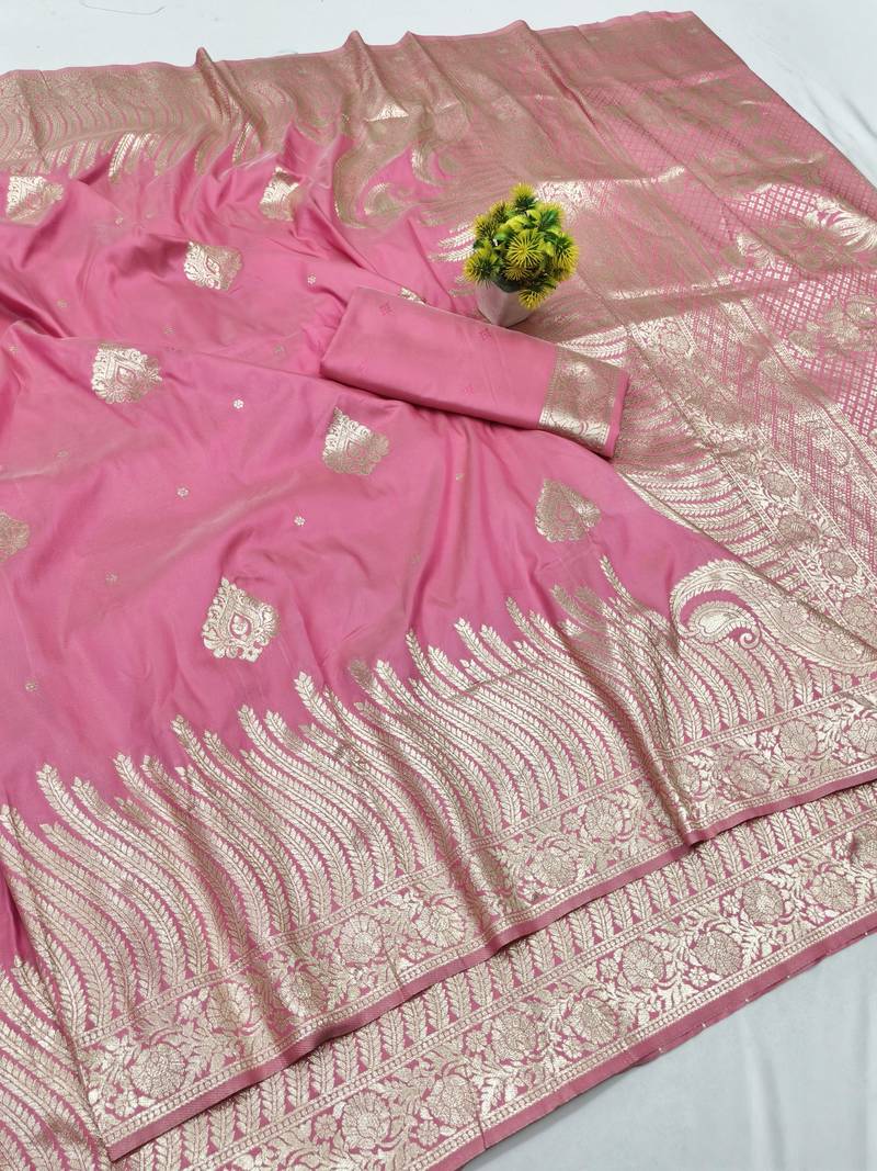 Pink zari woven banarasi silk blend traditional saree with blouse piece