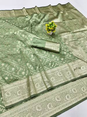 Pista zari woven silk blend traditional saree with blouse piece 1