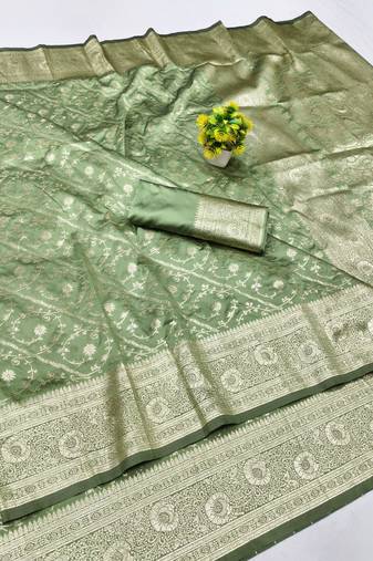 Pista zari woven silk blend traditional saree with blouse piece