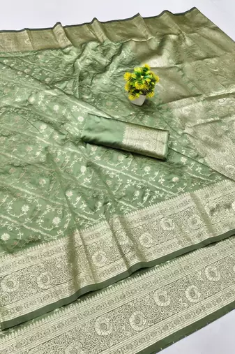 Pista zari woven silk blend traditional saree with blouse piece