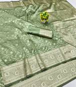 Pista zari woven banarasi silk blend traditional saree with blouse piece