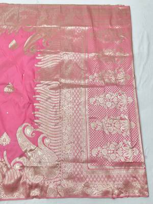 Pink zari woven silk blend traditional saree with blouse piece 2