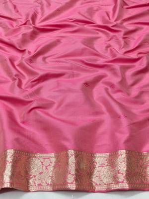 Pink zari woven silk blend traditional saree with blouse piece 4
