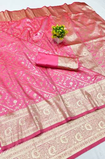 Pink zari woven banarasi silk blend traditional saree with blouse piece