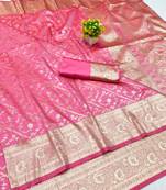 Pink zari woven banarasi silk blend traditional saree with blouse piece
