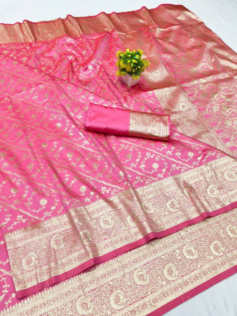 Pink zari woven banarasi silk blend traditional saree with blouse piece