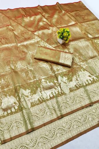 Pista zari woven silk blend traditional saree with blouse piece