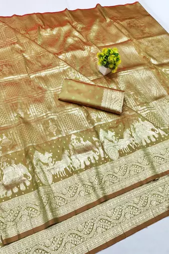 Pista zari woven banarasi silk blend traditional saree with blouse piece