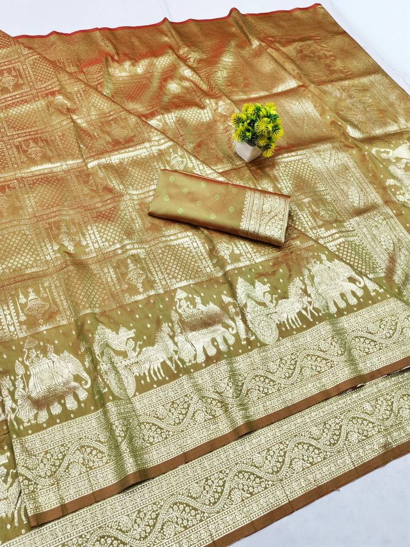 Pista zari woven banarasi silk blend traditional saree with blouse piece