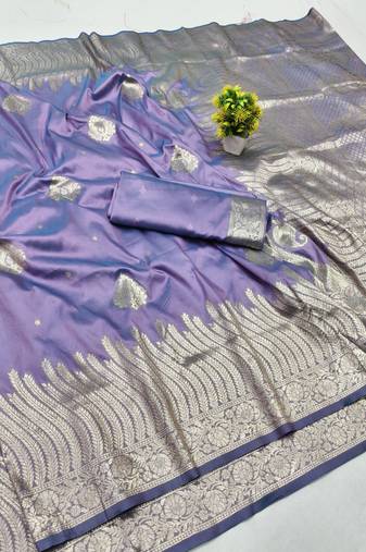 Purple zari woven banarasi silk blend traditional saree with blouse piece