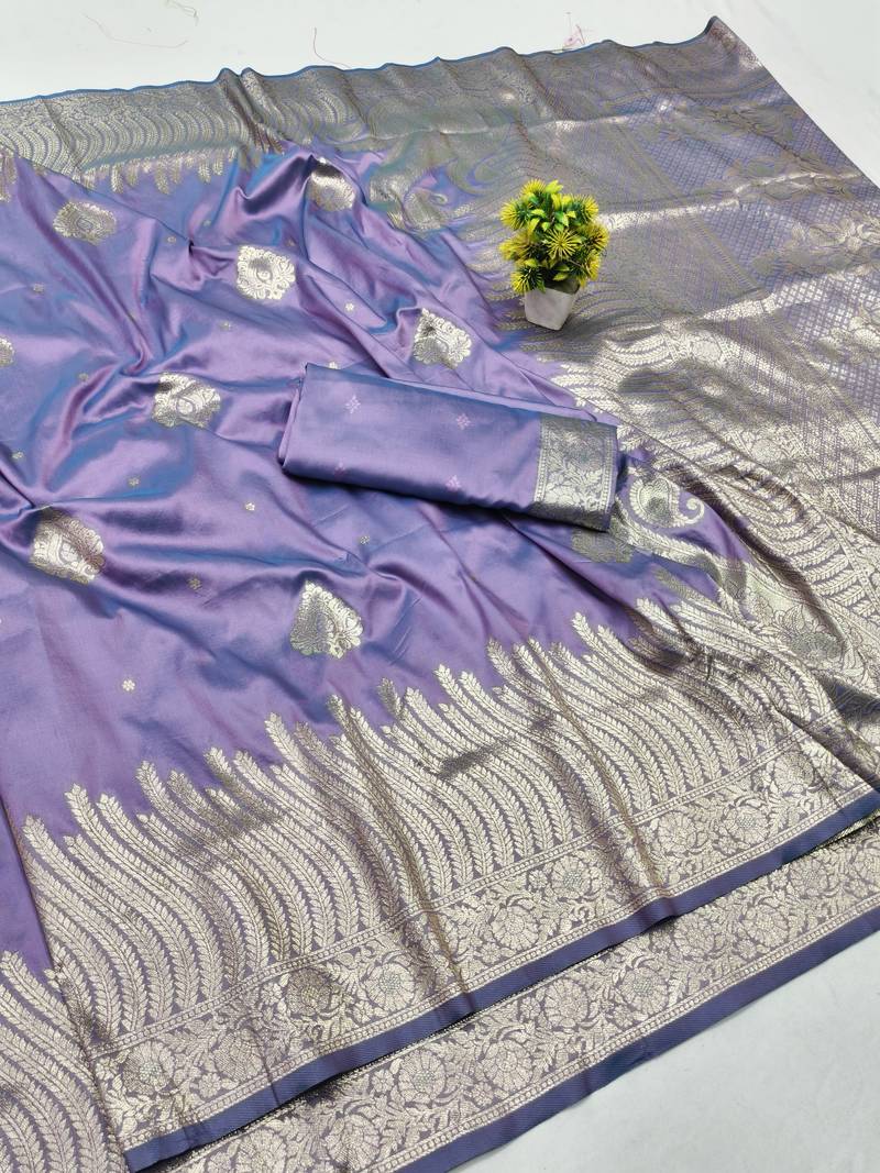 Purple zari woven banarasi silk blend traditional saree with blouse piece