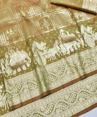 Pista zari woven silk blend traditional saree with blouse piece 3