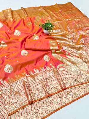 Orange zari woven silk blend traditional saree with blouse piece 1
