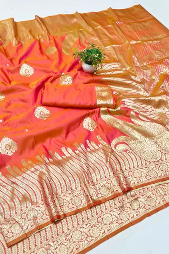 Orange zari woven banarasi silk blend traditional saree with blouse piece