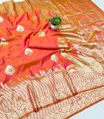 Orange zari woven banarasi silk blend traditional saree with blouse piece