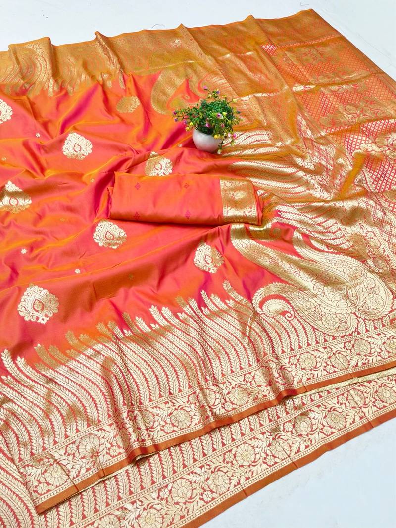 Orange zari woven banarasi silk blend traditional saree with blouse piece