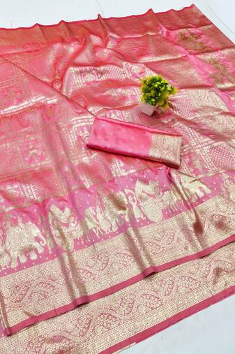 Pink zari woven silk blend traditional saree with blouse piece