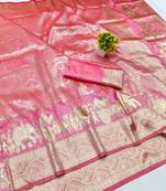 Pink zari woven banarasi silk blend traditional saree with blouse piece