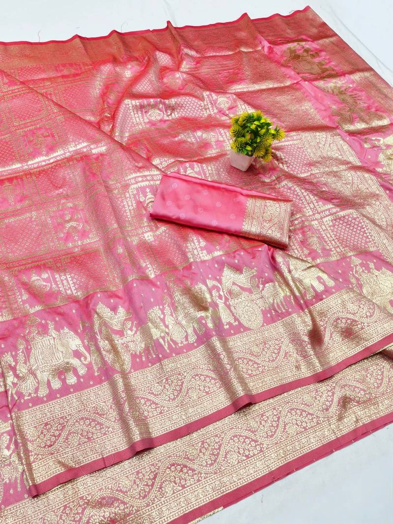 Pink zari woven banarasi silk blend traditional saree with blouse piece