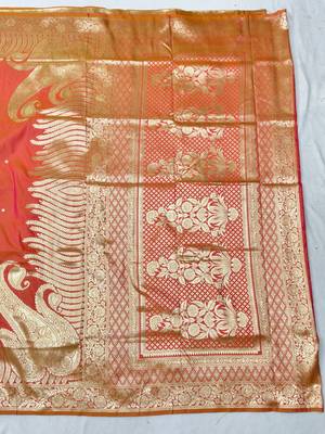 Orange zari woven silk blend traditional saree with blouse piece 2