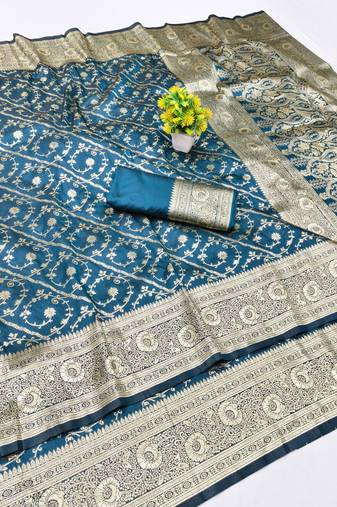 Navy blue zari woven banarasi silk blend traditional saree with blouse piece