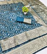 Navy blue zari woven banarasi silk blend traditional saree with blouse piece