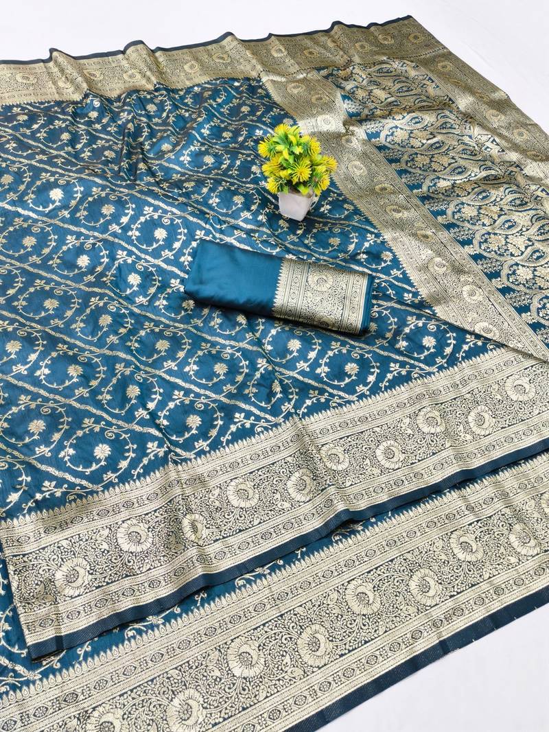 Navy blue zari woven banarasi silk blend traditional saree with blouse piece
