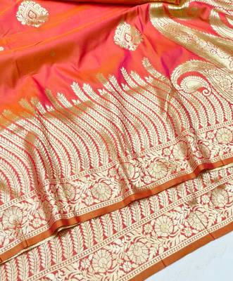 Orange zari woven silk blend traditional saree with blouse piece 3