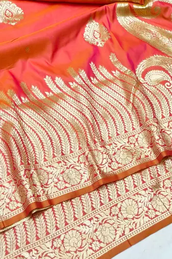 Orange zari woven silk blend traditional saree with blouse piece