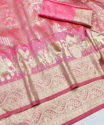 Pink zari woven silk blend traditional saree with blouse piece 3