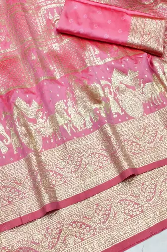 Pink zari woven silk blend traditional saree with blouse piece